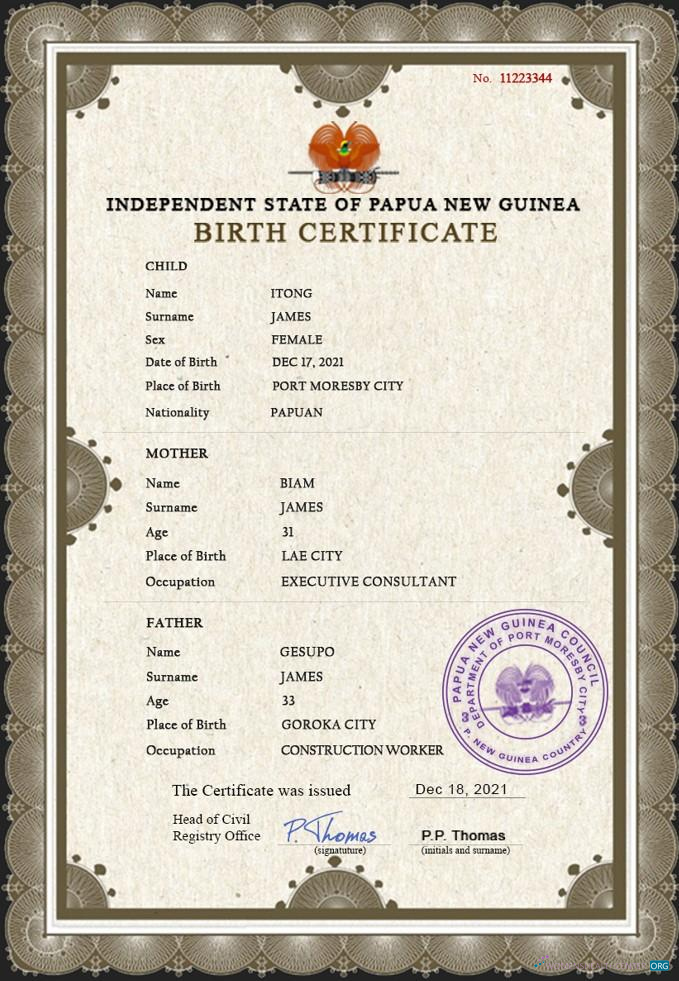 Download Papua New Guinea birth certificate PSD template Photoshop template